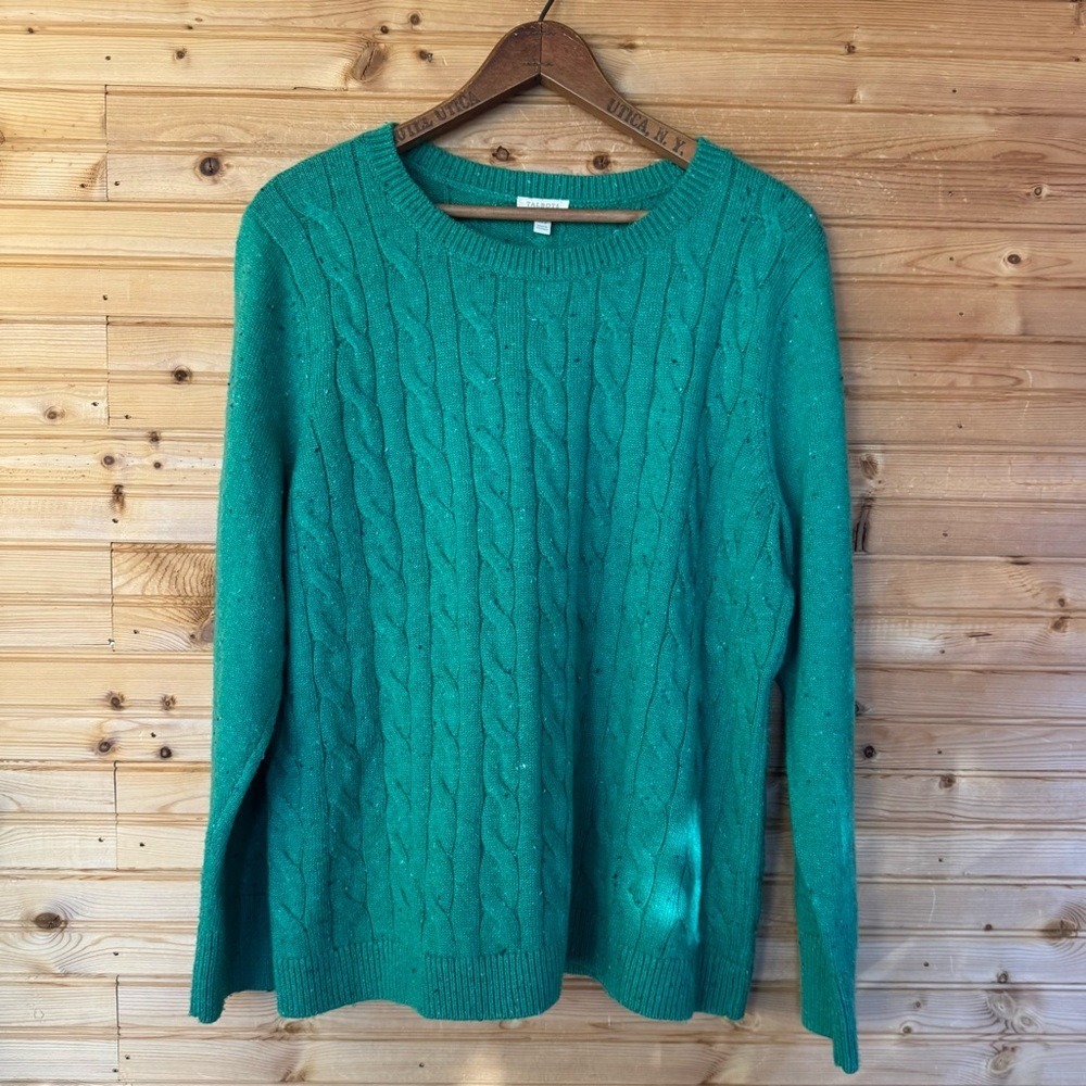 Talbots Sweater Cable Knit Kelly Green w Blue Flecks Women's Size XL Petite